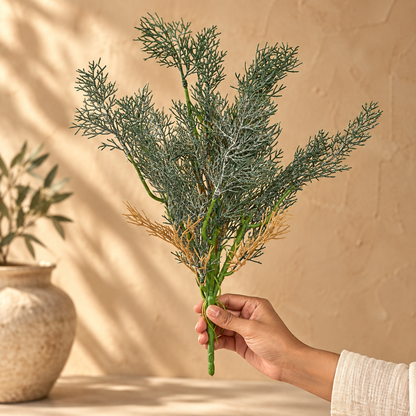 Artificial Green Foliage Bunch shown in hand to demonstrate its realistic appearance and 15-inch size for floral arrangements.