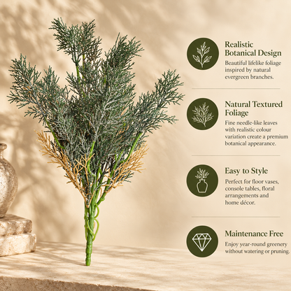 Features infographic of the Artificial Green Foliage Bunch highlighting realistic botanical design, natural textured foliage, easy styling, and maintenance-free décor.