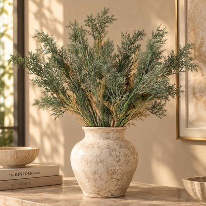 Artificial Green Foliage Bunch displayed in a textured ceramic vase, creating a realistic botanical arrangement for modern home décor.