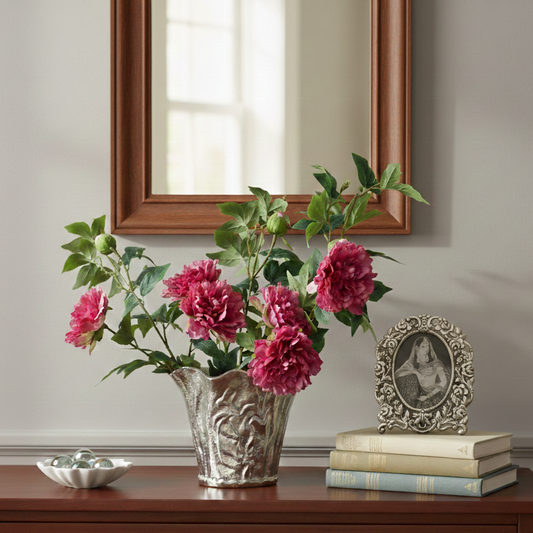 Artificial pink peony flower stems arranged in a decorative silver vase on a wooden console table for elegant home décor.