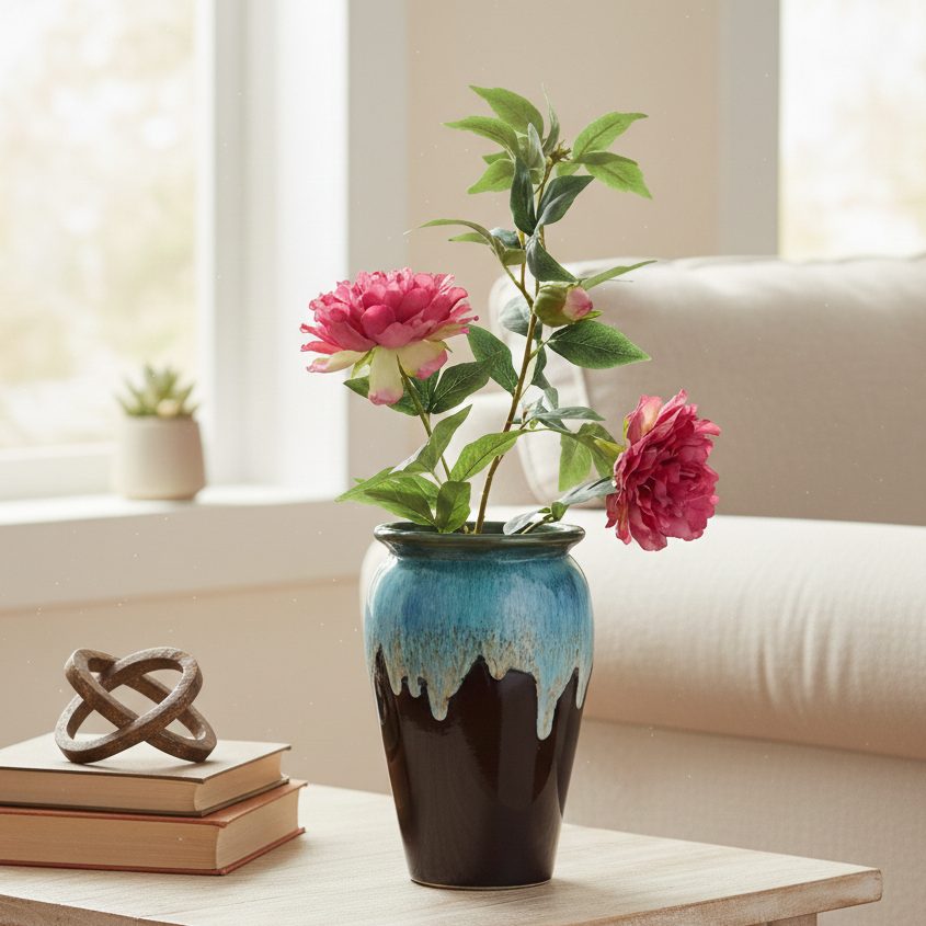 Realistic artificial pink peony flower stem displayed in a blue ceramic vase, adding timeless floral elegance to a living room.
