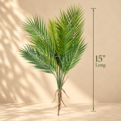 Dimensions infographic of the Artificial Palm Foliage Bunch showing the overall 15-inch length for home décor and floral arrangements.