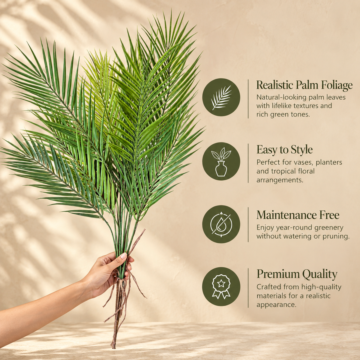 Features infographic of the Artificial Palm Foliage Bunch showcasing realistic palm foliage, easy styling, maintenance-free design, and premium quality.