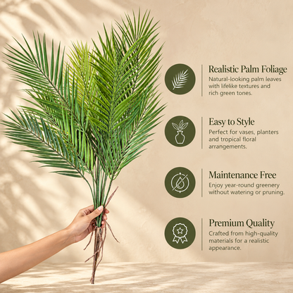 Features infographic of the Artificial Palm Foliage Bunch showcasing realistic palm foliage, easy styling, maintenance-free design, and premium quality.