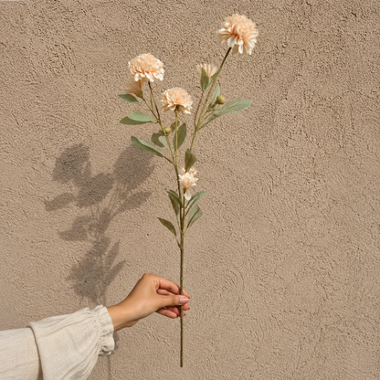 Woman’s hand holding a single artificial peach carnation stem against a textured beige wall in natural daylight, showcasing the full stem and flower details.