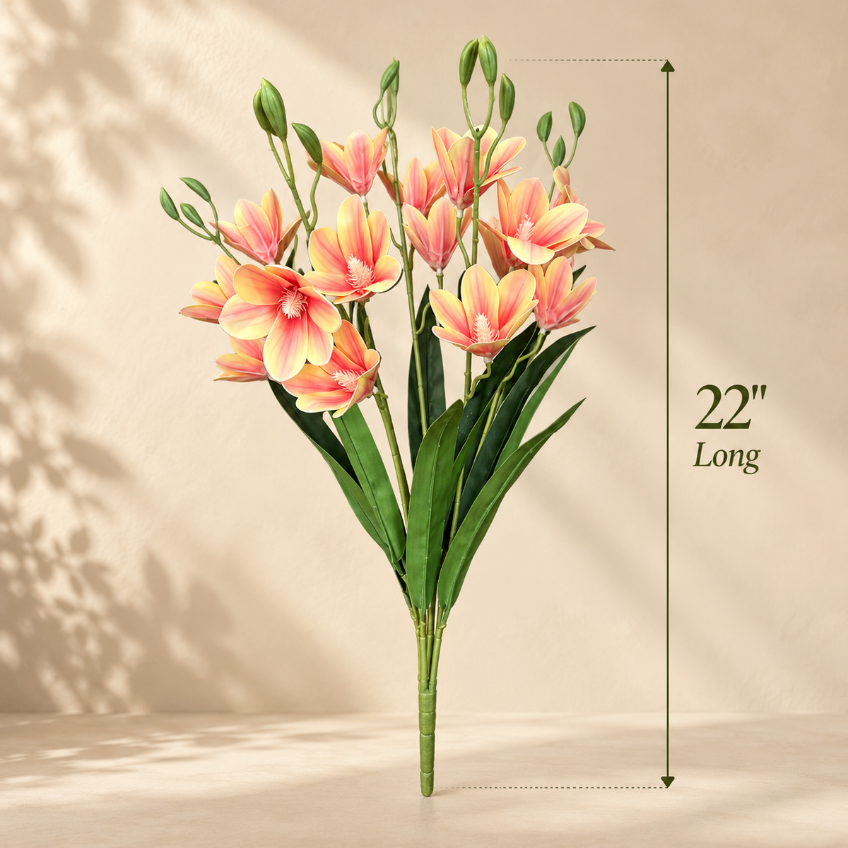 22-inch Artificial Peach Orchid Spray with realistic peach and coral blooms, premium faux floral stem for vases and home décor by Inara Home Decor.