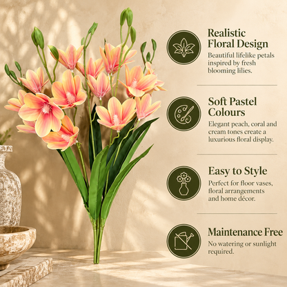 Artificial Peach Orchid Spray featuring realistic floral design, soft pastel colours, easy styling, and maintenance-free artificial flowers for elegant home décor by Inara Home Decor.