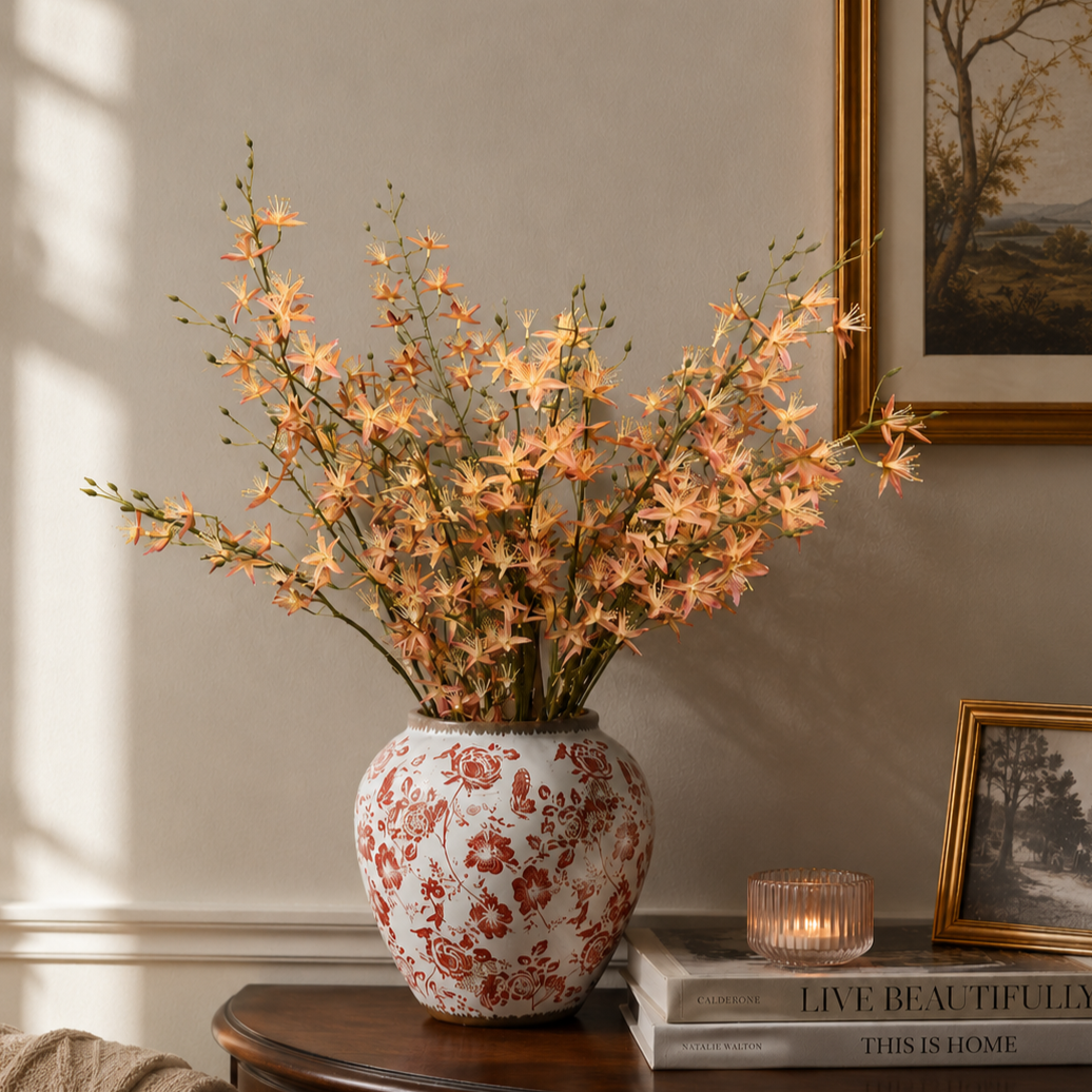 Artificial peach wildflower stems arranged in a decorative ceramic vase, creating a sophisticated luxury home décor display.