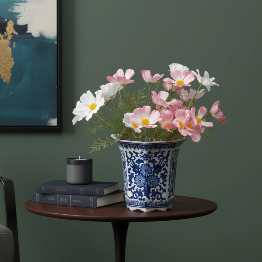 Artificial pink and white cosmos flowers arranged in a blue and white ceramic planter on a side table with modern home décor.