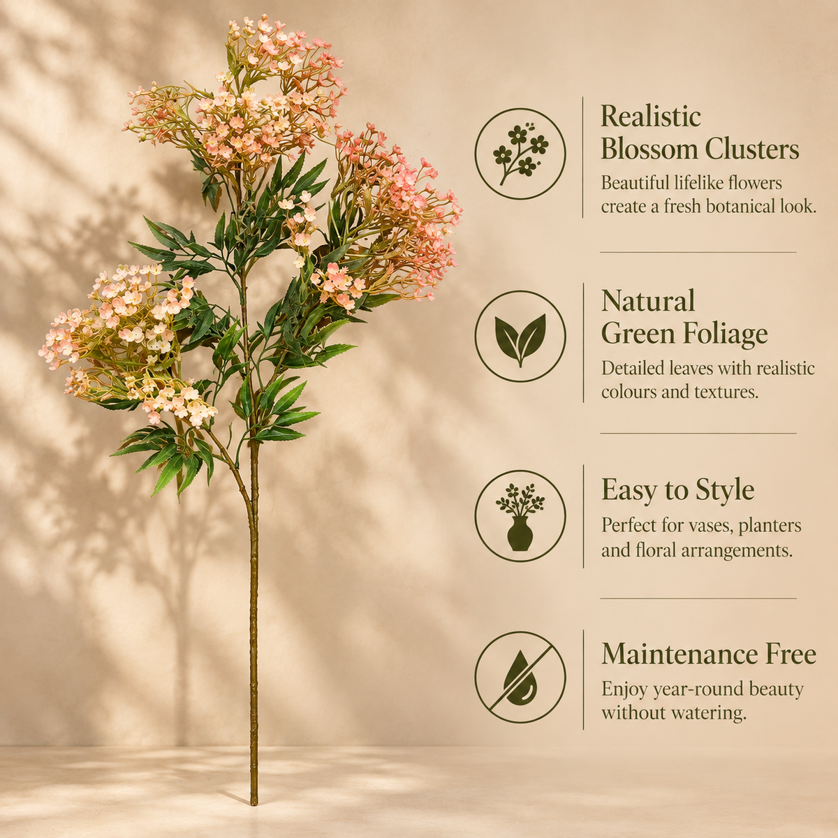 Artificial pink blossom flower stem featuring realistic blossom clusters, natural green foliage, easy styling and maintenance-free beauty.