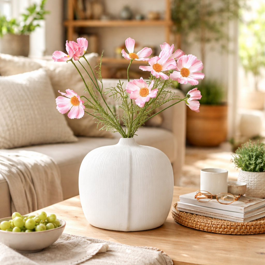 Artificial pink cosmos flower stems arranged in a white ceramic vase on a wooden coffee table in a modern living room.