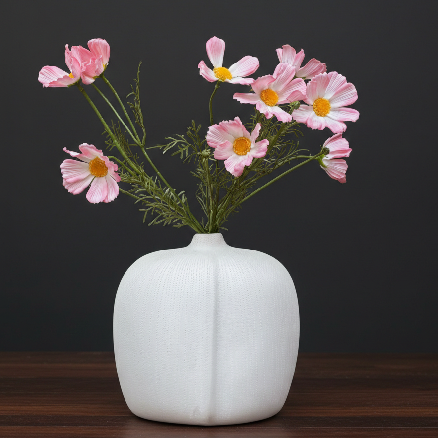 Artificial pink cosmos flower stems displayed in a white textured ceramic vase against a black background.