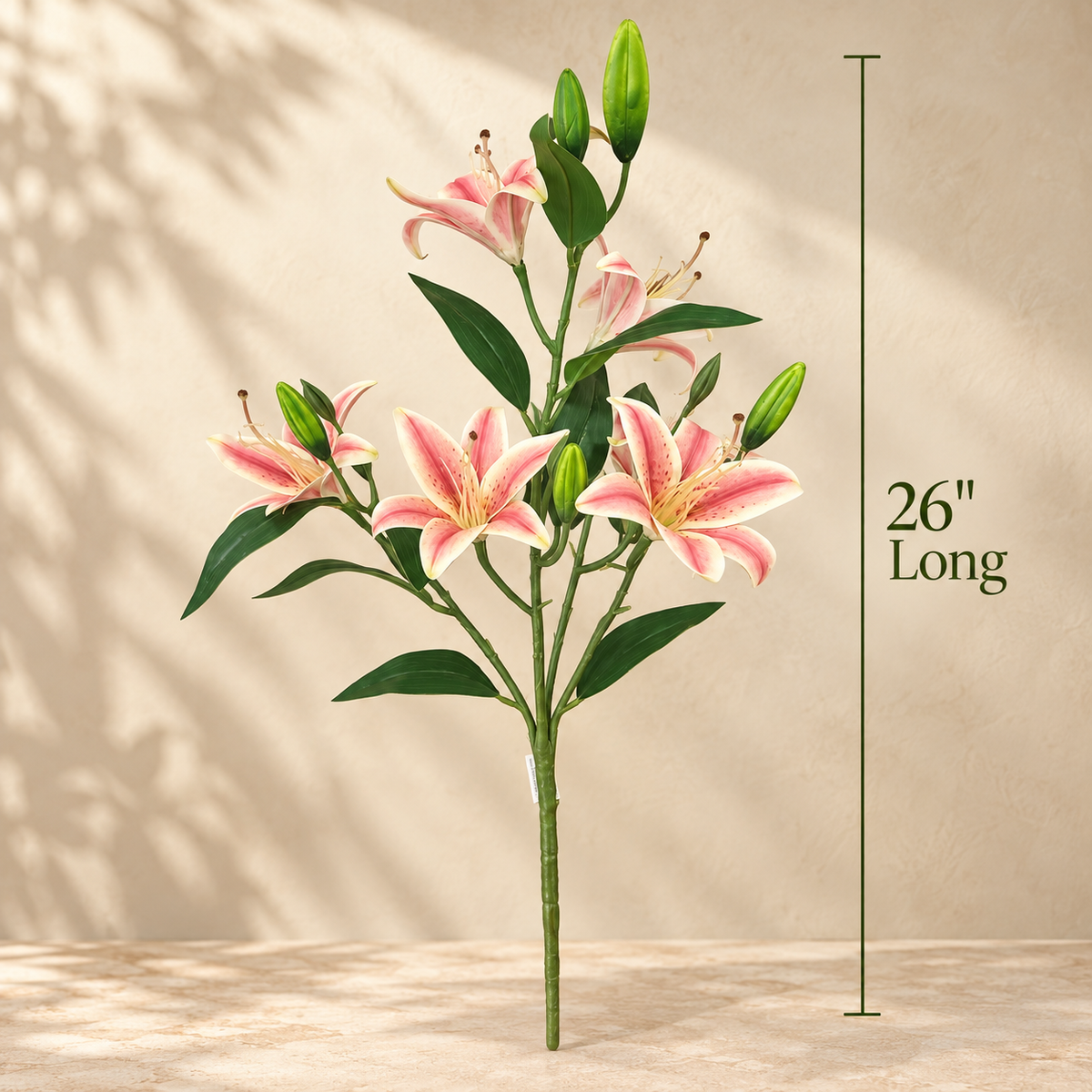 Dimensions infographic of the Artificial Pink Lily Spray showing a 26-inch long realistic faux lily stem with lifelike pink blooms and green buds.