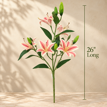 Dimensions infographic of the Artificial Pink Lily Spray showing a 26-inch long realistic faux lily stem with lifelike pink blooms and green buds.