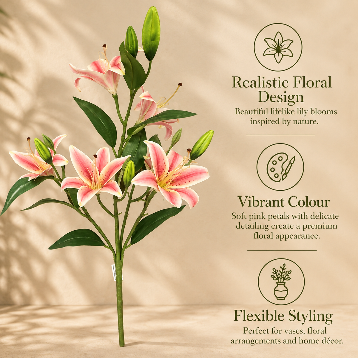 Features infographic of the Artificial Pink Lily Spray highlighting realistic floral design, vibrant pink colour, and flexible styling for vases, floral arrangements, and home décor.