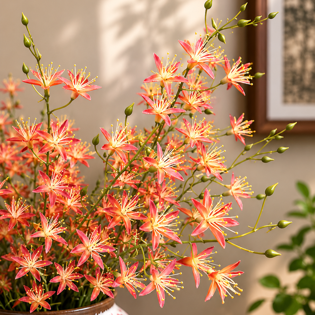 Close-up of artificial pink wildflower branch featuring realistic blooms, perfect for luxury floral arrangements and home decoration.