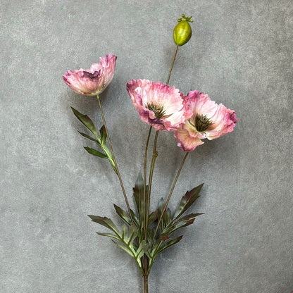 Single Artificial Poppy Pink stem with three blooms and one bud for floral arrangements.