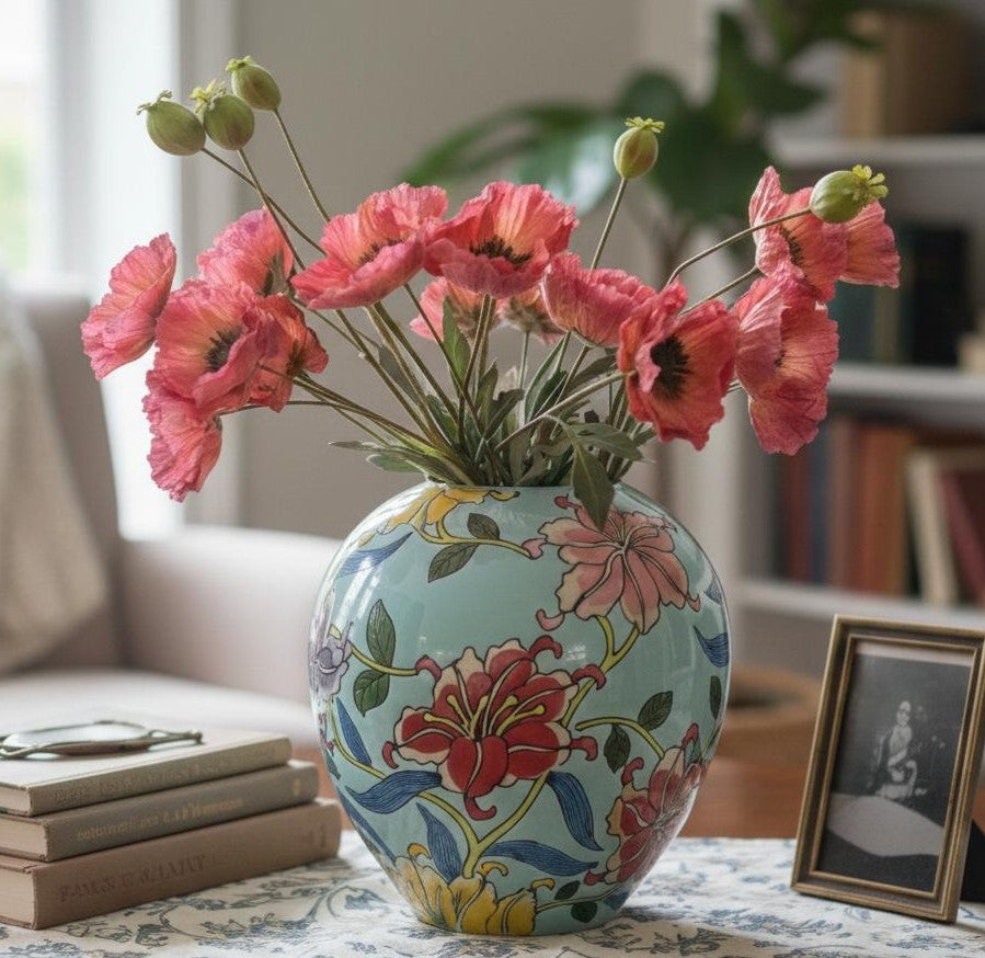 Artificial Poppy Red stems arranged in a decorative floral vase for elegant home décor.