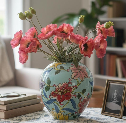 Artificial Poppy Red stems arranged in a decorative floral vase for elegant home décor.