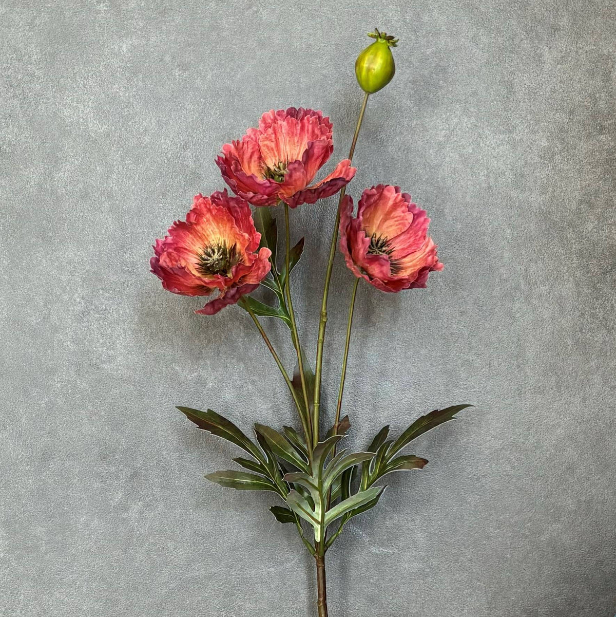 Single Artificial Poppy Red stem featuring three lifelike blooms and one decorative bud.