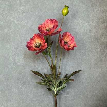 Single Artificial Poppy Red stem featuring three lifelike blooms and one decorative bud.
