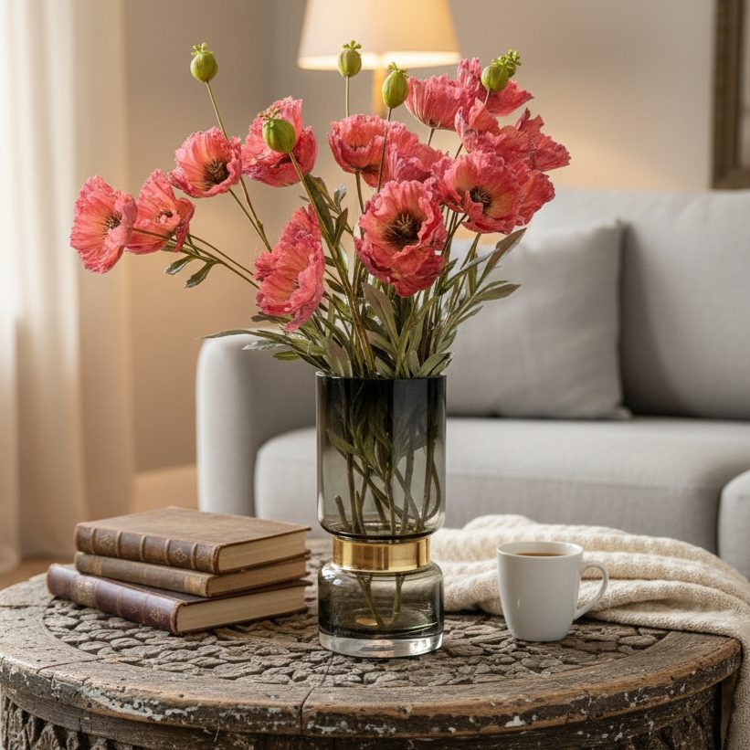 Artificial Poppy Red stems displayed in a glass vase on a coffee table in a modern living room.