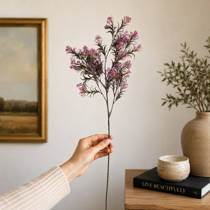 Hand holding a single artificial purple floral stem against a neutral wall in a modern home decor setting, showcasing the size and realistic detailing of the flower stem
