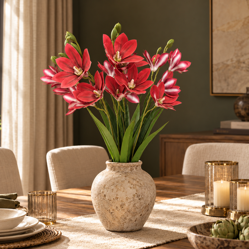 Artificial Red Lily Spray arranged in a ceramic vase on a dining table, adding elegant floral décor to modern interiors.