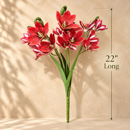 Artificial Red Orchid Spray, measuring 22 inches long, premium faux floral stem for home décor and vase arrangements.