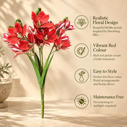 Features an infographic of Artificial Red Orchid Spray highlighting realistic floral design, vibrant red colour, easy styling, and maintenance-free décor.