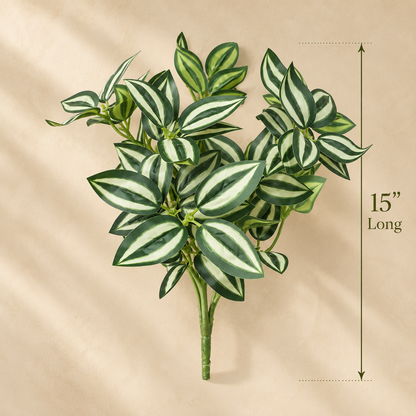 Dimensions image of the artificial variegated green foliage bunch measuring 15 inches long, suitable for vases, planters, and decorative arrangements.