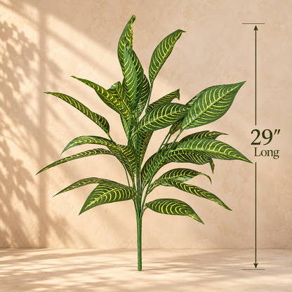 Dimensions infographic of the Artificial Variegated Green Foliage Bunch measuring 29 inches long, ideal for floor vases and floral arrangements.