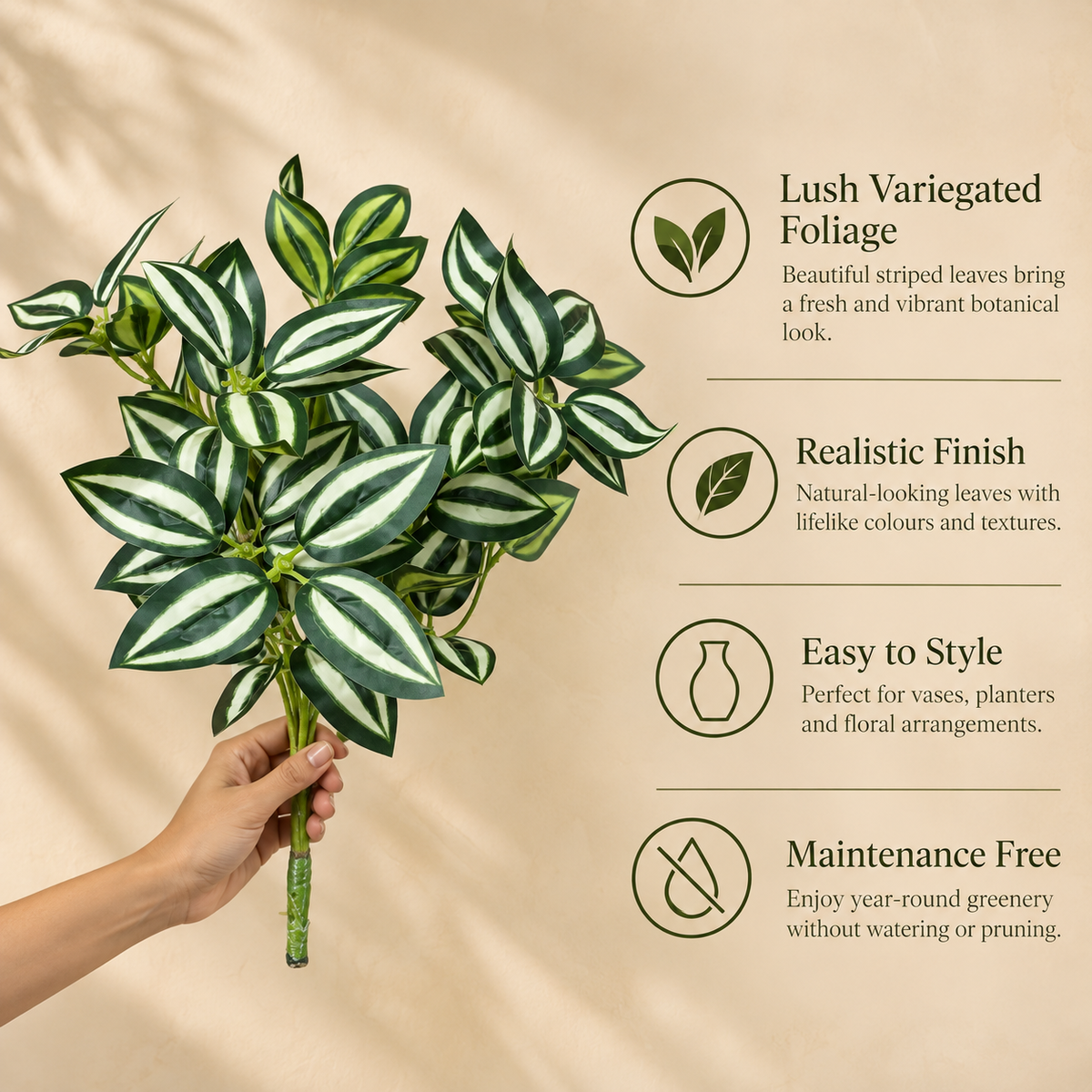 Feature infographic highlighting the artificial variegated green foliage bunch with realistic striped leaves, lifelike finish, versatile styling, and maintenance-free design.