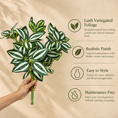Feature infographic highlighting the artificial variegated green foliage bunch with realistic striped leaves, lifelike finish, versatile styling, and maintenance-free design.