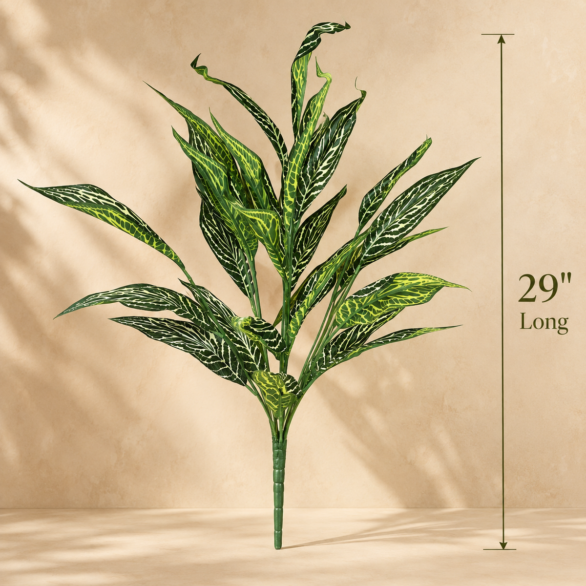 Dimensions of the artificial variegated green foliage bunch measuring 29 inches long, ideal for floor vases and decorative floral arrangements.