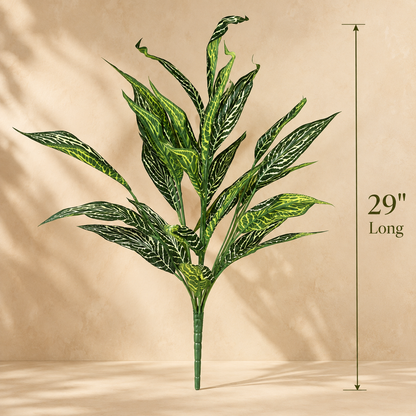 Dimensions of the artificial variegated green foliage bunch measuring 29 inches long, ideal for floor vases and decorative floral arrangements.