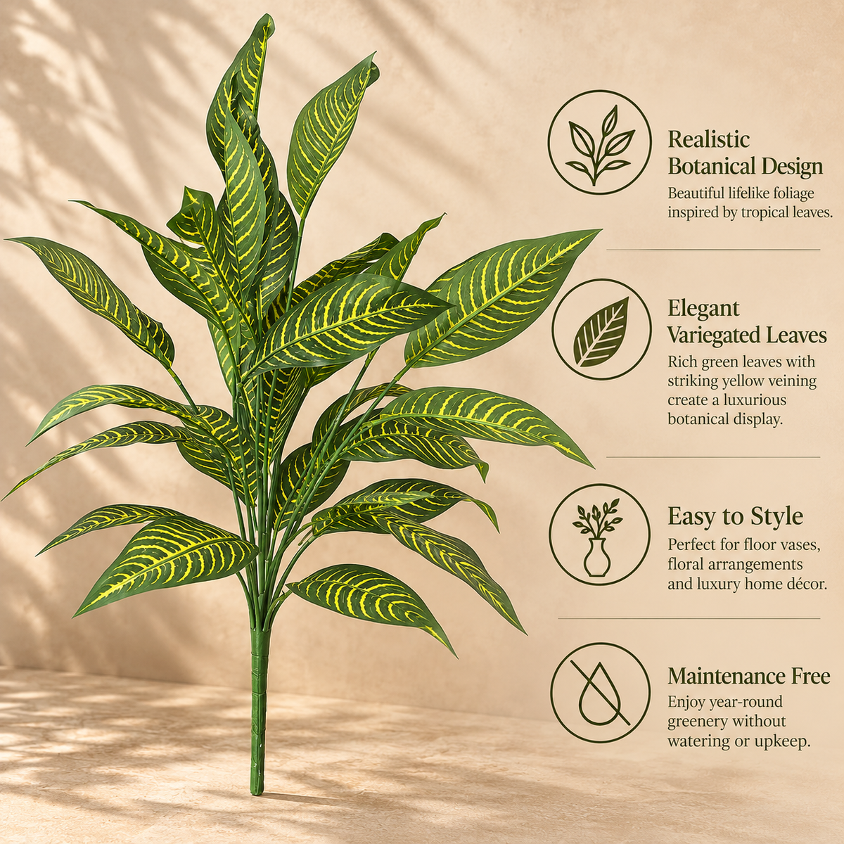 Feature infographic highlighting the Artificial Variegated Green Foliage Bunch with realistic botanical design, elegant variegated leaves, maintenance-free beauty, and versatile styling for home décor.