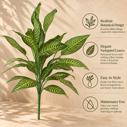 Feature infographic highlighting the Artificial Variegated Green Foliage Bunch with realistic botanical design, elegant variegated leaves, maintenance-free beauty, and versatile styling for home décor.