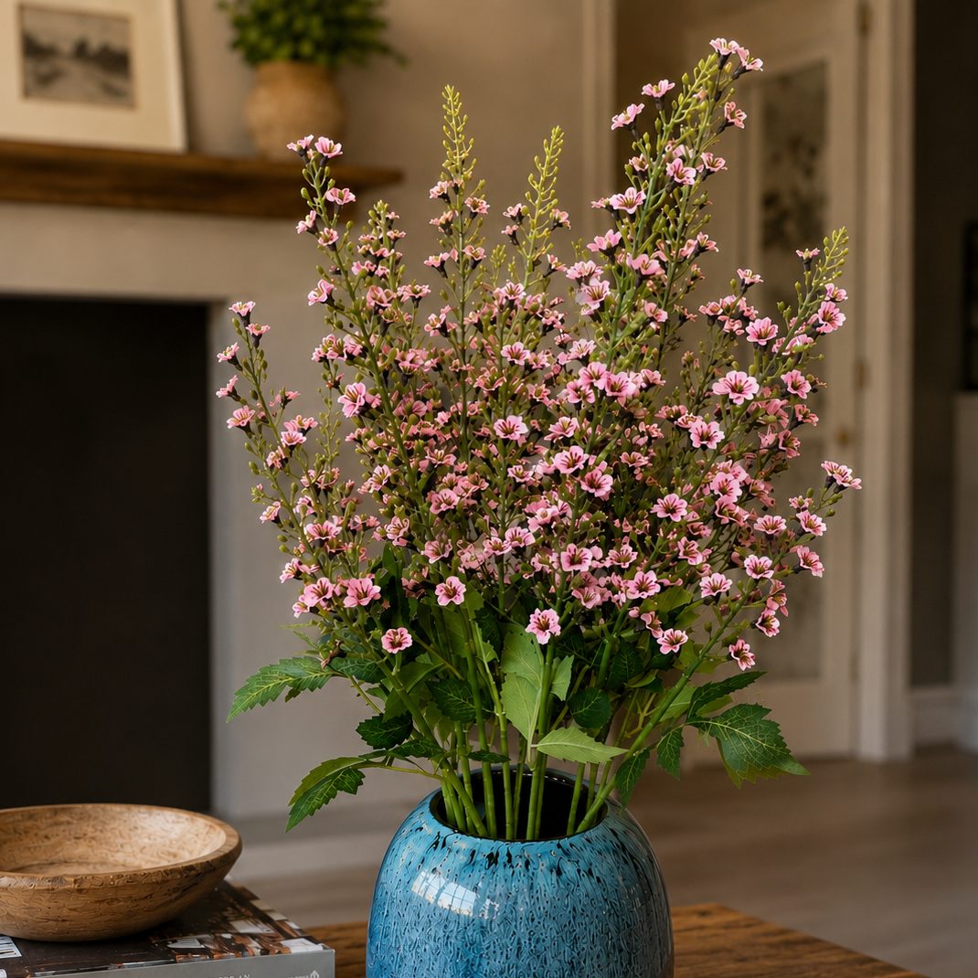 Close-up lifestyle image of delicate pink flowering stems arranged in a textured blue ceramic vase on a wooden coffee table in a cozy modern living room.