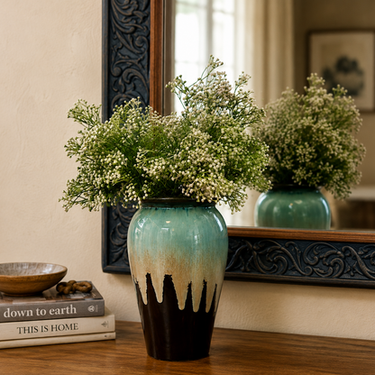 Artificial White Berry Beads Bunch arranged in a blue ceramic vase on a wooden console table, adding timeless elegance and natural charm to home décor.