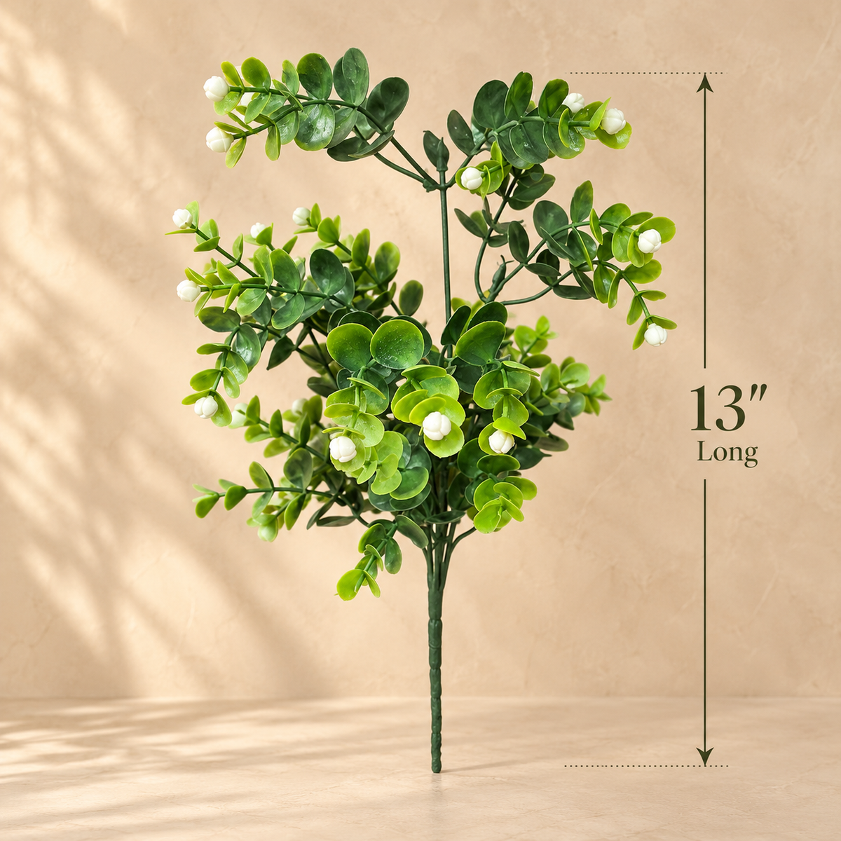 Dimensions infographic of a 13-inch artificial white berry eucalyptus foliage bunch with realistic botanical styling.