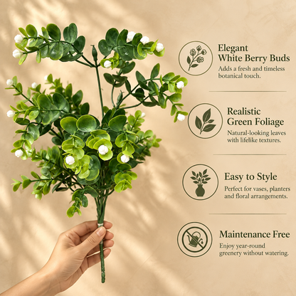 Features infographic highlighting realistic green foliage, elegant white berry buds, easy styling, and maintenance-free artificial eucalyptus bunch.