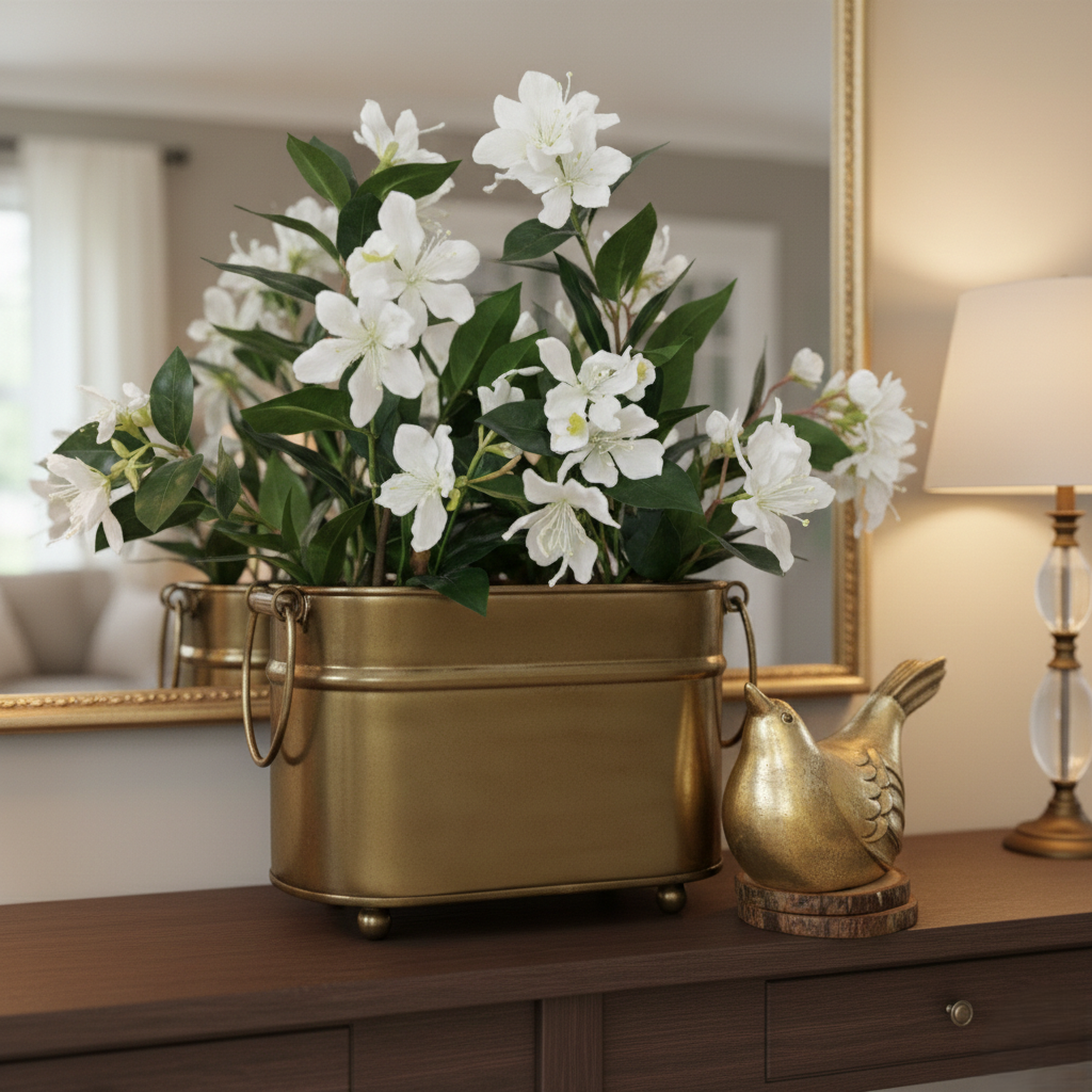 Artificial white cherry blossom flower arrangement displayed in a brass planter on a console table for elegant home décor.