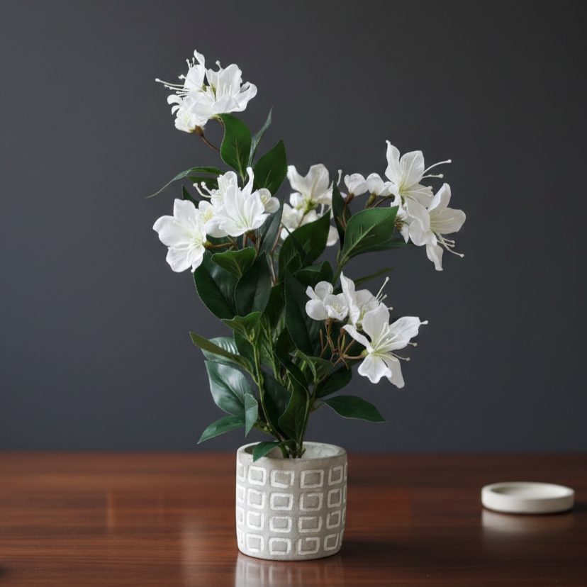 Artificial white cherry blossom potted plant in a decorative white ceramic pot for modern home décor.