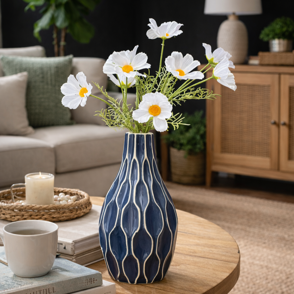 Artificial white cosmos flower stems in a blue ceramic vase styled on a wooden coffee table for elegant living room home décor.