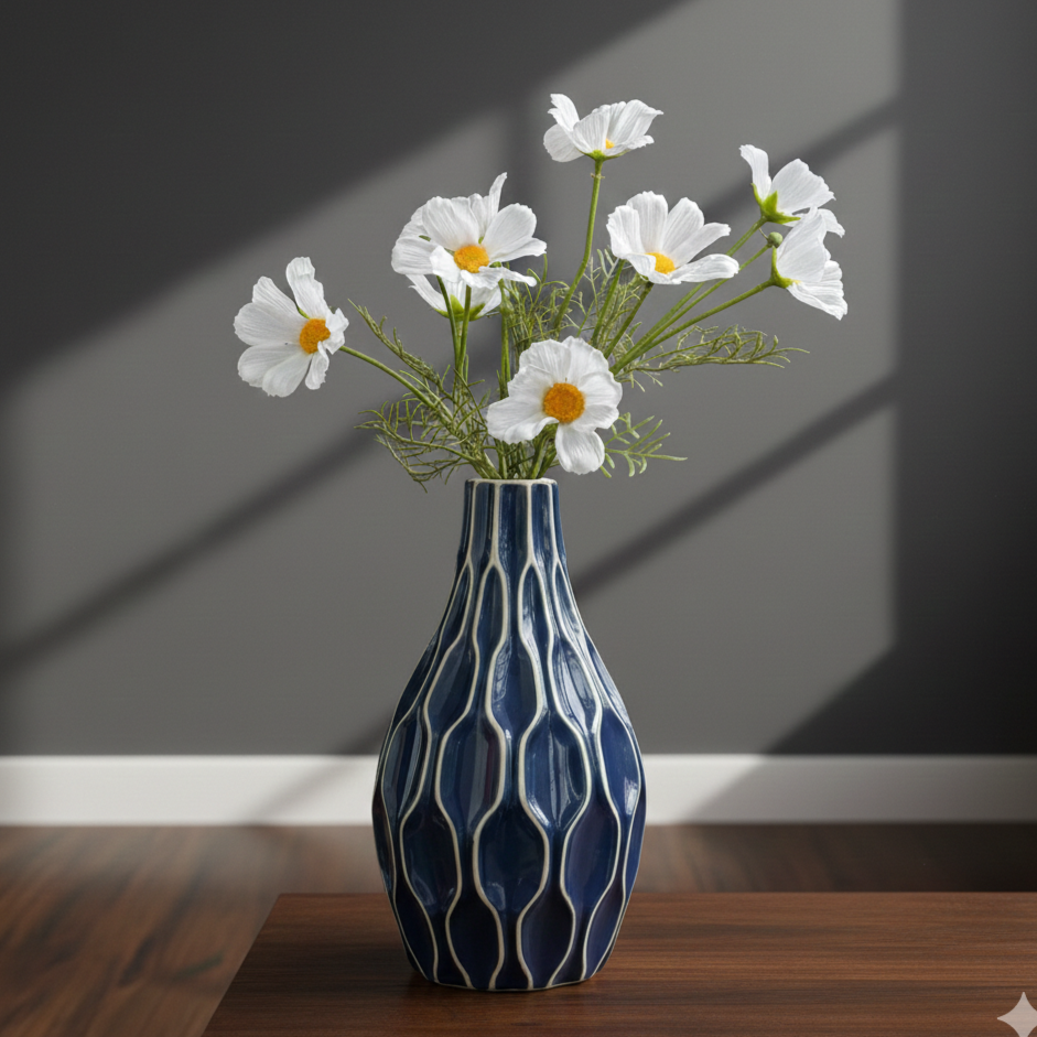 Artificial white cosmos flower stems arranged in a blue ceramic vase, creating a stylish tabletop décor accent.