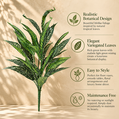 Features of the artificial variegated green foliage bunch including realistic botanical design, elegant variegated leaves, easy styling and maintenance-free beauty.