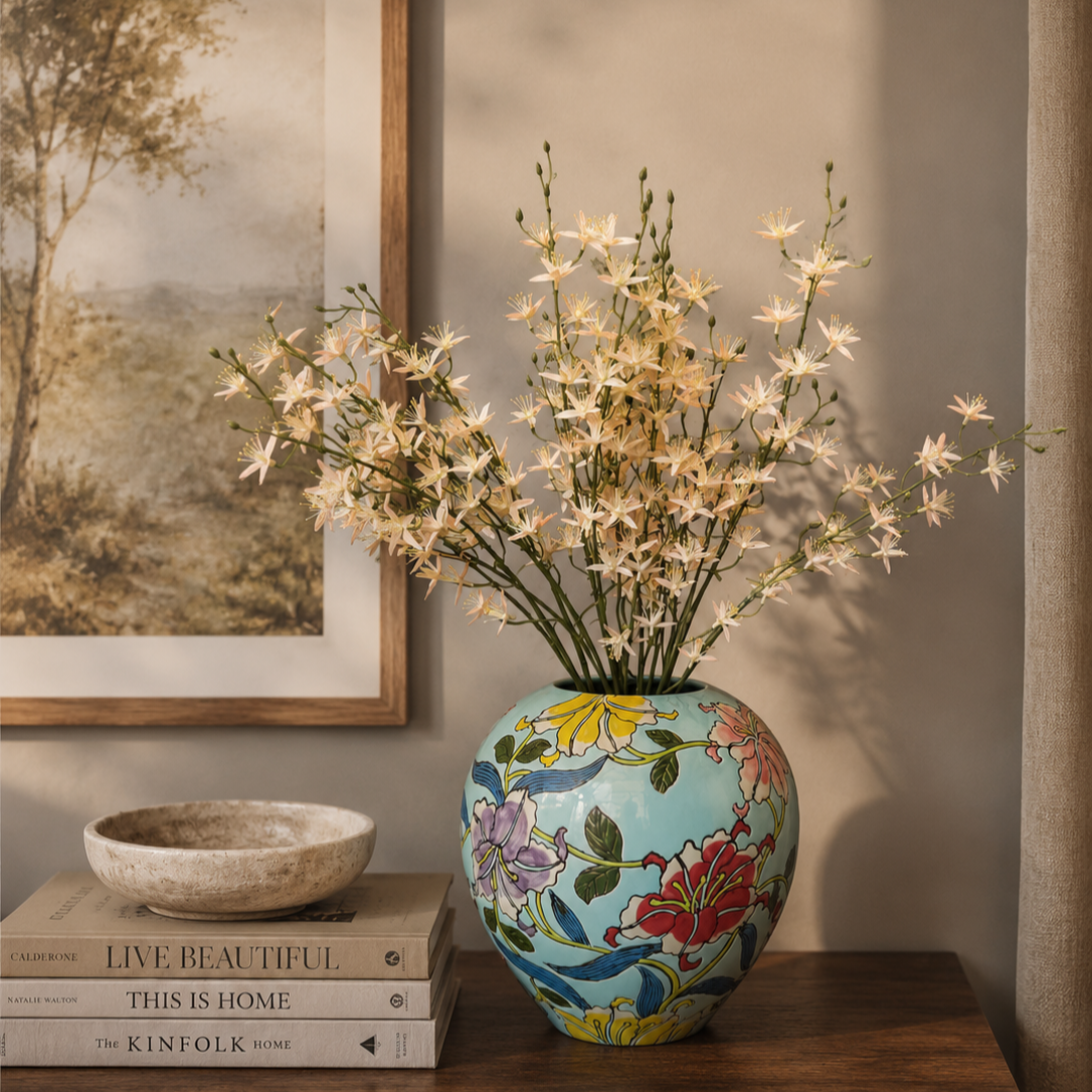 Artificial white wildflower stems displayed in a hand-painted floral ceramic vase on a wooden console table, creating an elegant luxury home décor setting.