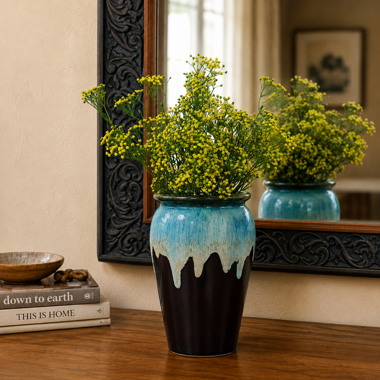 Artificial Yellow Berry Beads Bunch displayed in a blue ceramic vase on a wooden console table, adding vibrant greenery to elegant home décor.