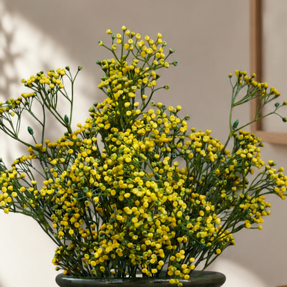 Close-up of realistic Artificial Yellow Berry Beads Bunch featuring lifelike yellow berries and detailed green stems for premium floral arrangements.